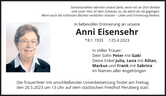 Todesanzeige von Anni Eisensehr von Das Gelbe Blatt Penzberg