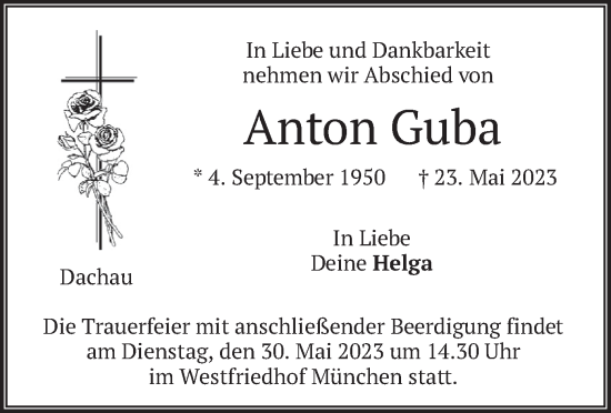 Todesanzeige von Anton Guba von merkurtz