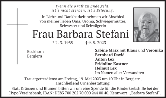 Todesanzeige von Barbara Stefani von merkurtz