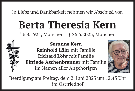 Todesanzeige von Berta Theresia Kern von merkurtz