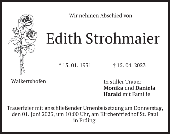 Todesanzeige von Edith Strohmaier von merkurtz