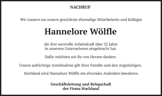 Todesanzeige von Hannelore Wölfle von merkurtz