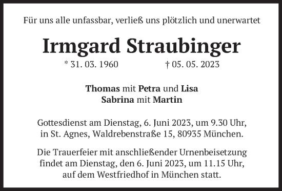 Todesanzeige von Irmgard Straubinger von merkurtz