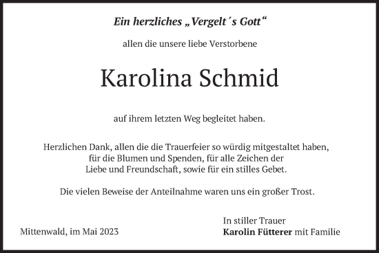 Todesanzeige von Karolina Schmid von merkurtz