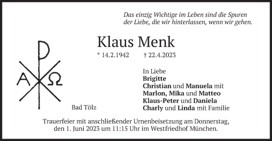 Todesanzeige von Klaus Menk von merkurtz