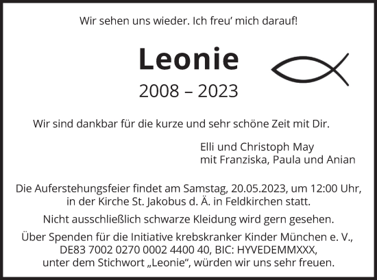 Todesanzeige von Leonie May von merkurtz