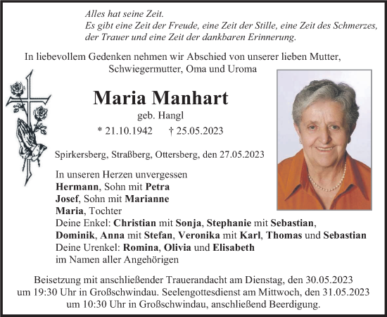 Todesanzeige von Maria Manhart von merkurtz