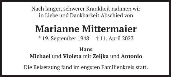Todesanzeige von Marianne Mittermaier von merkurtz