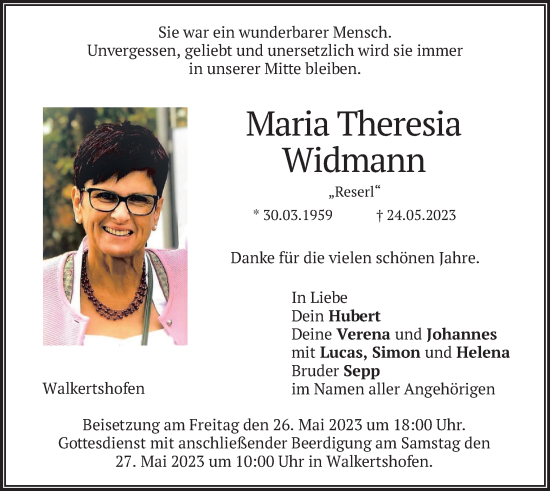 Todesanzeige von Maria Theresia Widmann von merkurtz