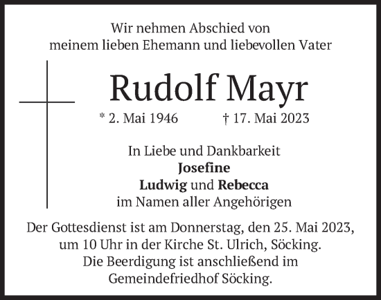 Todesanzeige von Rudolf Mayr von merkurtz