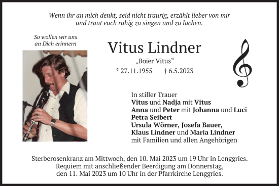 Todesanzeige von Vitus Lindner von merkurtz
