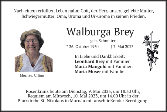 Todesanzeige von Walburga Brey von merkurtz