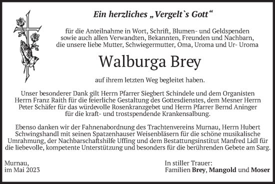 Todesanzeige von Walburga Brey von merkurtz