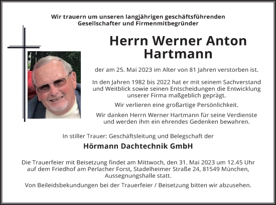 Todesanzeige von Werner Anton Hartmann von merkurtz