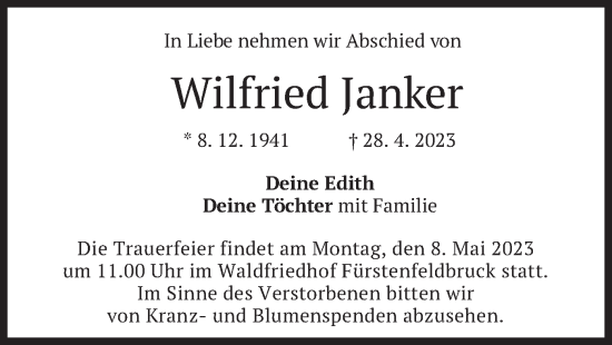 Todesanzeige von Wilfried Janker von merkurtz