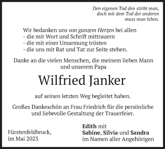 Todesanzeige von Wilfried Janker von merkurtz