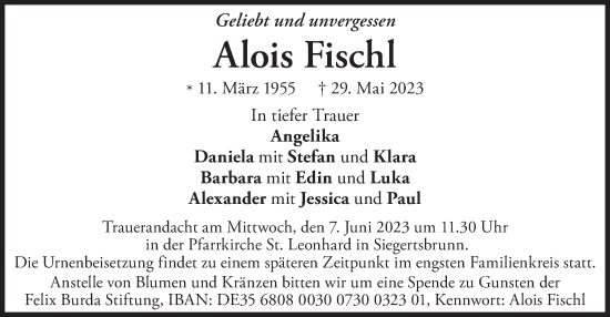 Todesanzeige von Alois Fischl von merkurtz