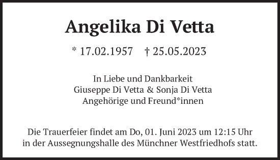 Todesanzeige von Angelika Di Vetta von merkurtz