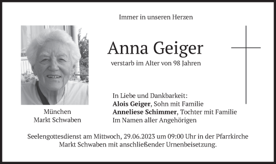 Todesanzeige von Anna Geiger von merkurtz