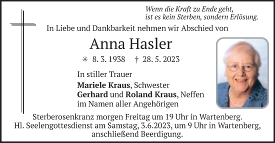 Todesanzeige von Anna Hasler von merkurtz