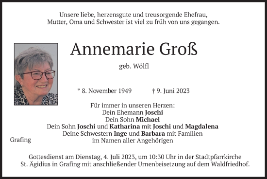 Todesanzeige von Annemarie Groß von merkurtz