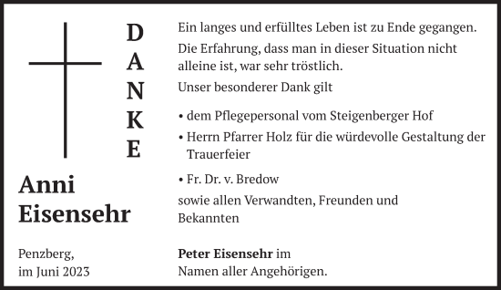 Todesanzeige von Anni Eisensehr von Das Gelbe Blatt Penzberg