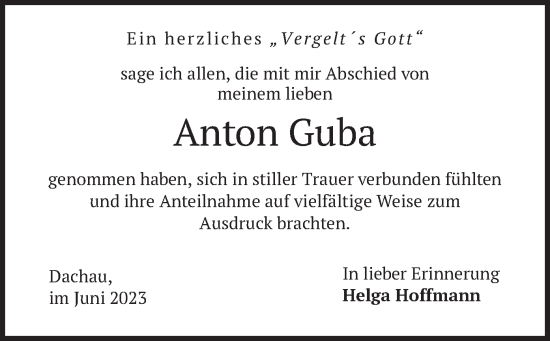 Todesanzeige von Anton Guba von merkurtz