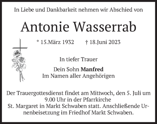 Todesanzeige von Antonie Wasserrah von merkurtz