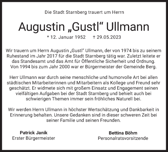 Todesanzeige von Augustin  Ullmann von merkurtz