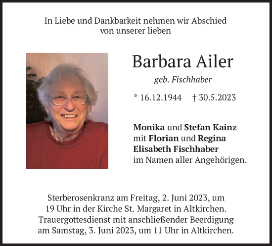 Todesanzeige von Barbara Ailer von merkurtz