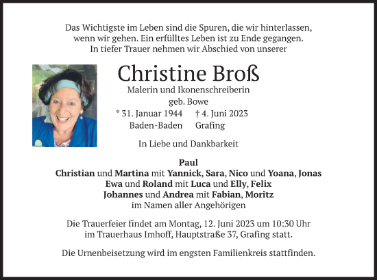 Todesanzeige von Christine Broß von merkurtz