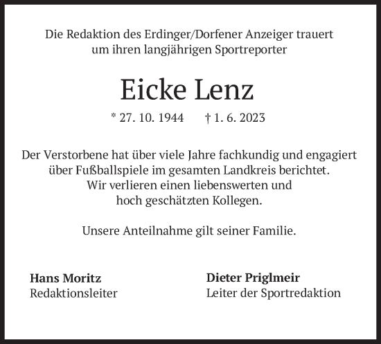 Todesanzeige von Eicke Lenz von merkurtz