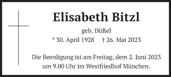Todesanzeige von Elisabeth Bitzl von merkurtz