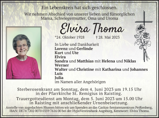 Todesanzeige von Elvira Thoma von merkurtz