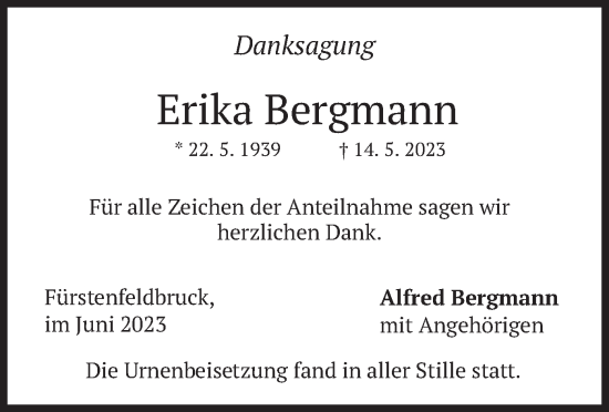 Todesanzeige von Erika Bergmann von merkurtz