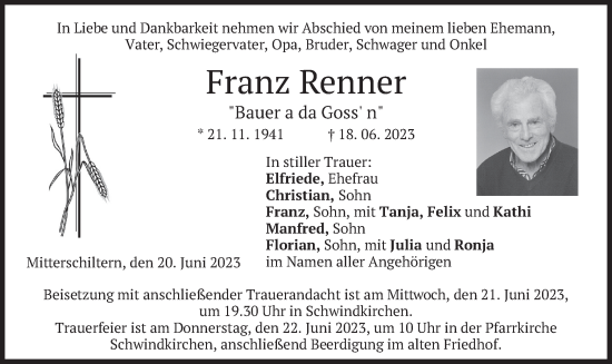 Todesanzeige von Franz Renner von merkurtz