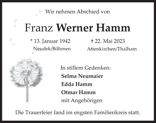 Todesanzeige von Franz Werner Hamm von merkurtz