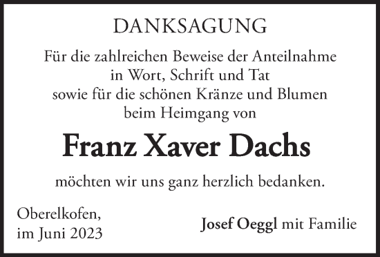 Todesanzeige von Franz Xaver Dachs von merkurtz