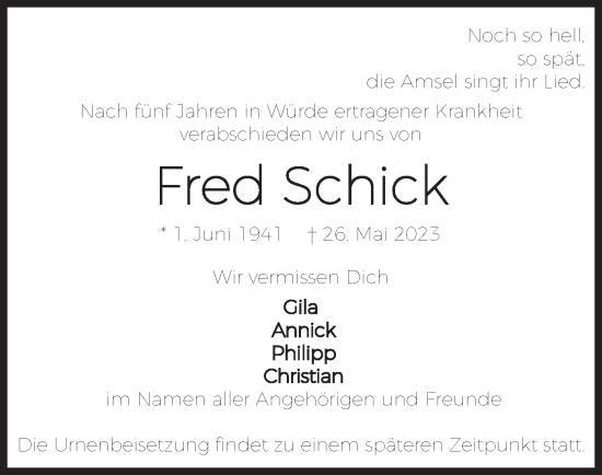 Todesanzeige von Fred Schick von merkurtz