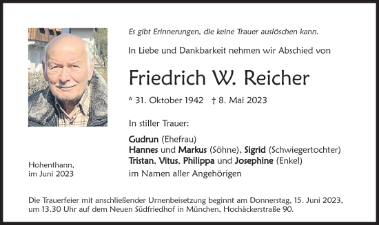 Todesanzeige von Friedrich Reicher von merkurtz