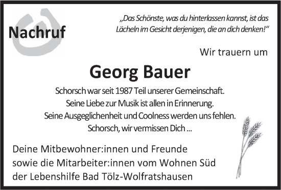 Todesanzeige von Georg Bauer von merkurtz