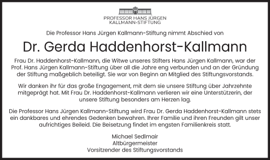 Todesanzeige von Gerda Haddenhorst-Kaltmann von merkurtz