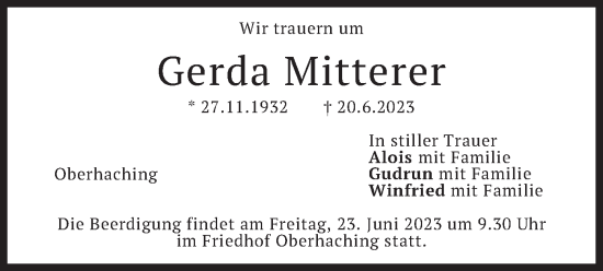 Todesanzeige von Gerda Mitterer von merkurtz