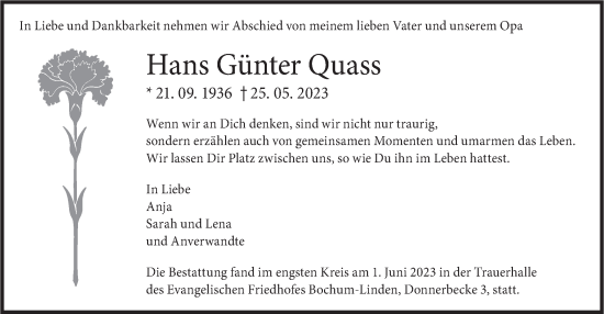 Todesanzeige von Hans Günter Quass von merkurtz