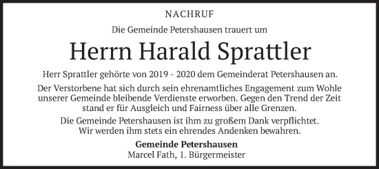 Todesanzeige von Harald Sprattler von merkurtz