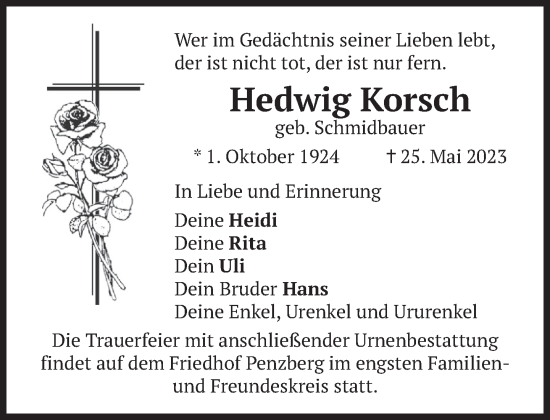 Todesanzeige von Hedwig Korsch von Das Gelbe Blatt Penzberg