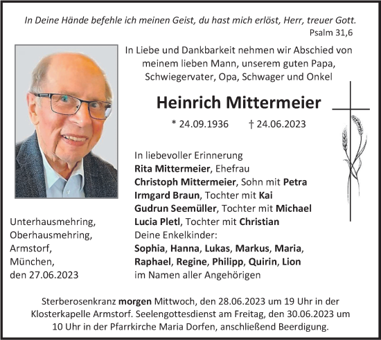 Todesanzeige von Heinrich Mittermeier von merkurtz