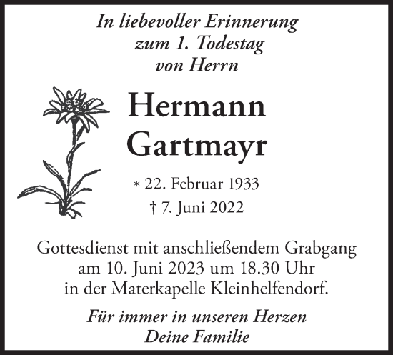 Todesanzeige von Hermann Gartmayr von merkurtz