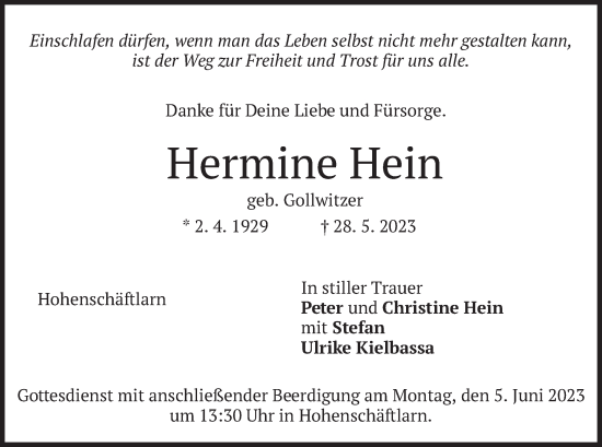 Todesanzeige von Hermine Hein von merkurtz
