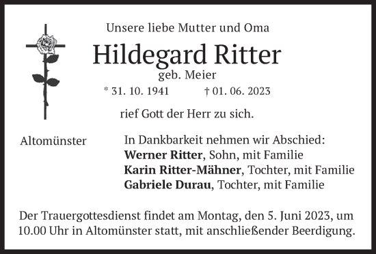 Todesanzeige von Hildegard Ritter von merkurtz